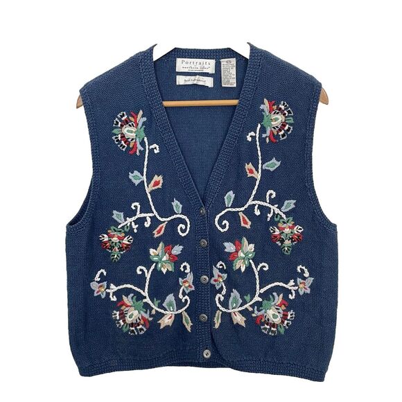 Northern Isles Jackets & Blazers - Portraits by Northern Isles Vintage Sweater Vest Blue XL Hand Embroidered